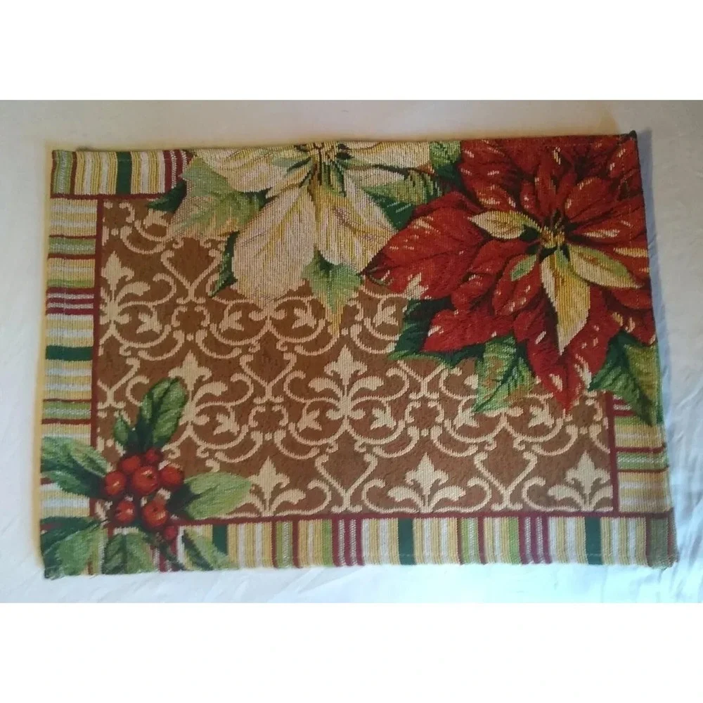 3 Christmas Tapestry Placemats Poinsettia Scroll Design Stripe Border  18.5